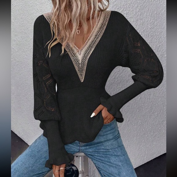 Sheer Mesh Lace Cuff Long Sleeve V -Neck Sweater Top - Picture 5 of 16